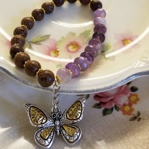 Amethyst & Wood Bead Charm Bracelet